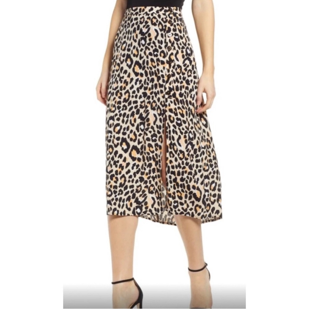 Astr The Label High Slit Midi Skirt Women L Leopard Animal Print Boho Career